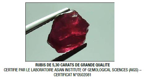 Rubis de 5,30 Carats de grande qualité certifié par le Laboratoire Asian Institute of Gemological Sciences (AIGS) – CERTIFICAT N°0502081